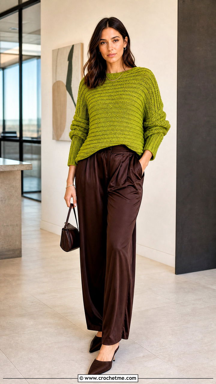 Ribbed Crochet Sweater With Satin Trousers - 35 crochet sweaters women outfit ideas