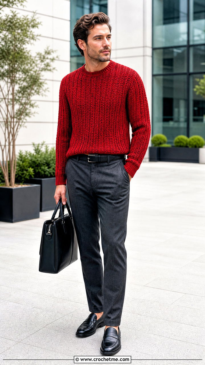 Ribbed Crochet Sweater With Suit Pants - 35 crochet sweater for men outfit ideas