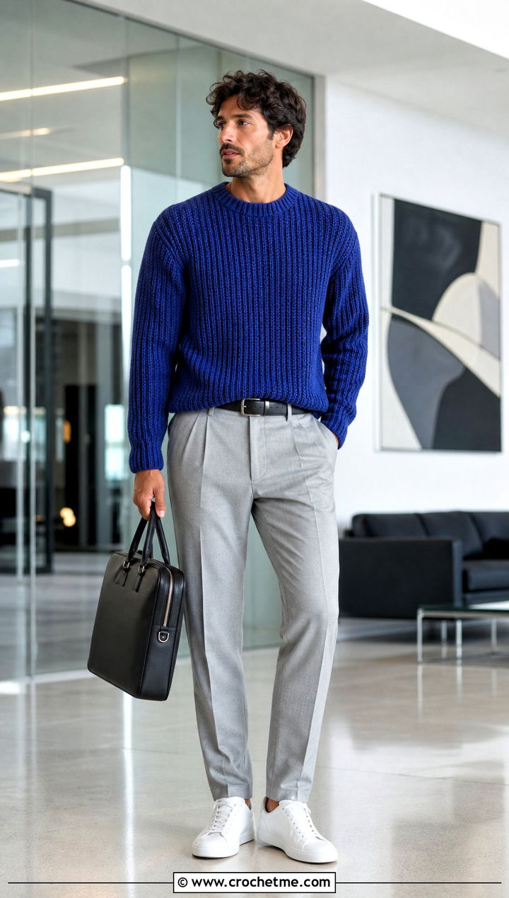 Ribbed Crochet Sweater With Tailored Pants - 30 male crochet sweater outfit ideas