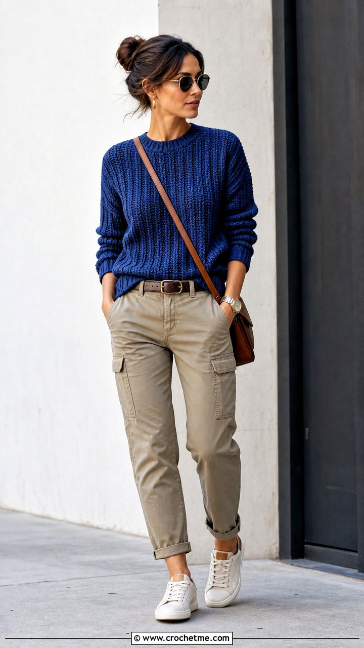 Ribbed Crochet Sweater With Utility Pants - 35 crochet sweater design for women outfit ideas