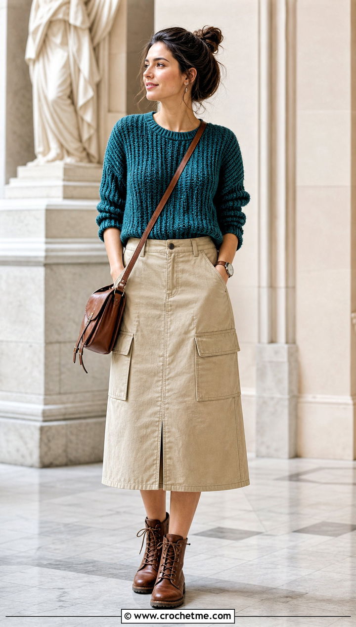 Ribbed Crochet Sweater With Utility Skirt - 35 crochet sweater women outfit ideas