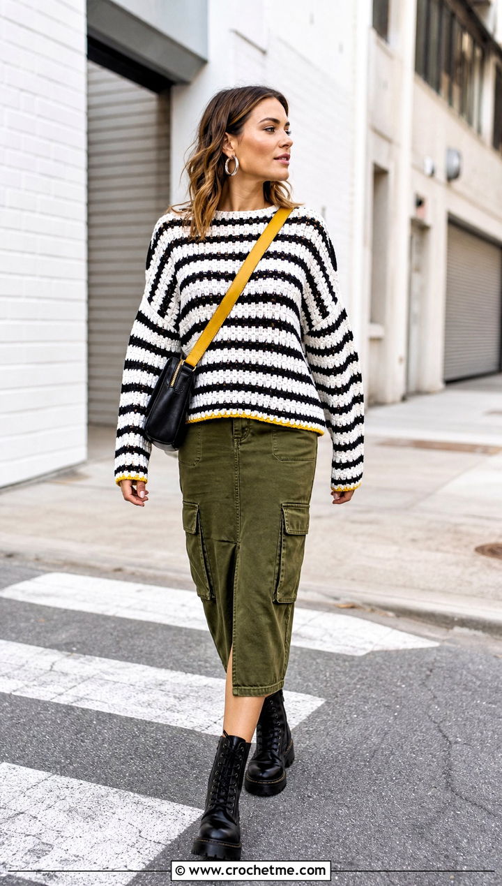 Ribbed Crochet Sweater With Utility Skirt - 35 black and white crochet sweater outfit ideas