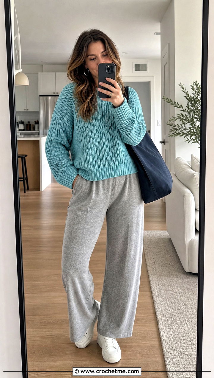 Ribbed Crochet Sweater With Wide Leg Knit Pants - 15 Crochet Comfy Sweater outfit ideas