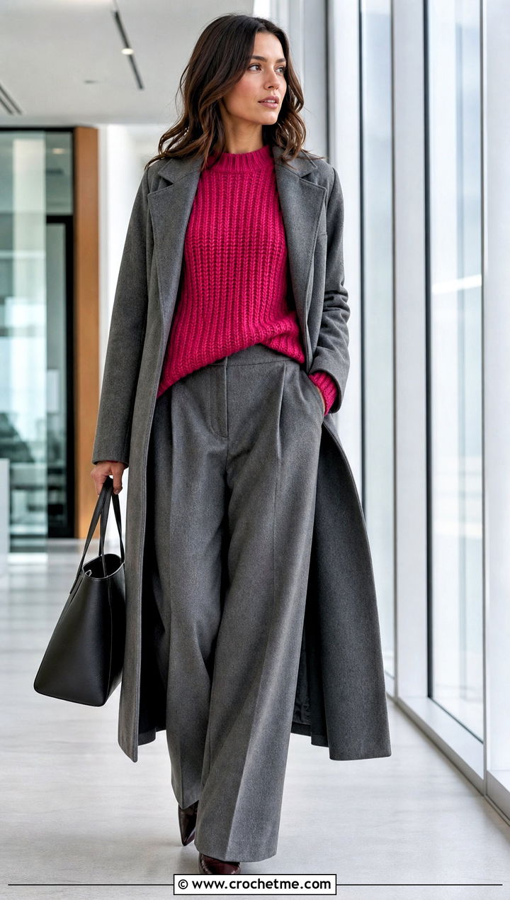 Ribbed Crochet Sweater With Wide Leg Wool Pants - 30 winter crochet sweater outfit ideas