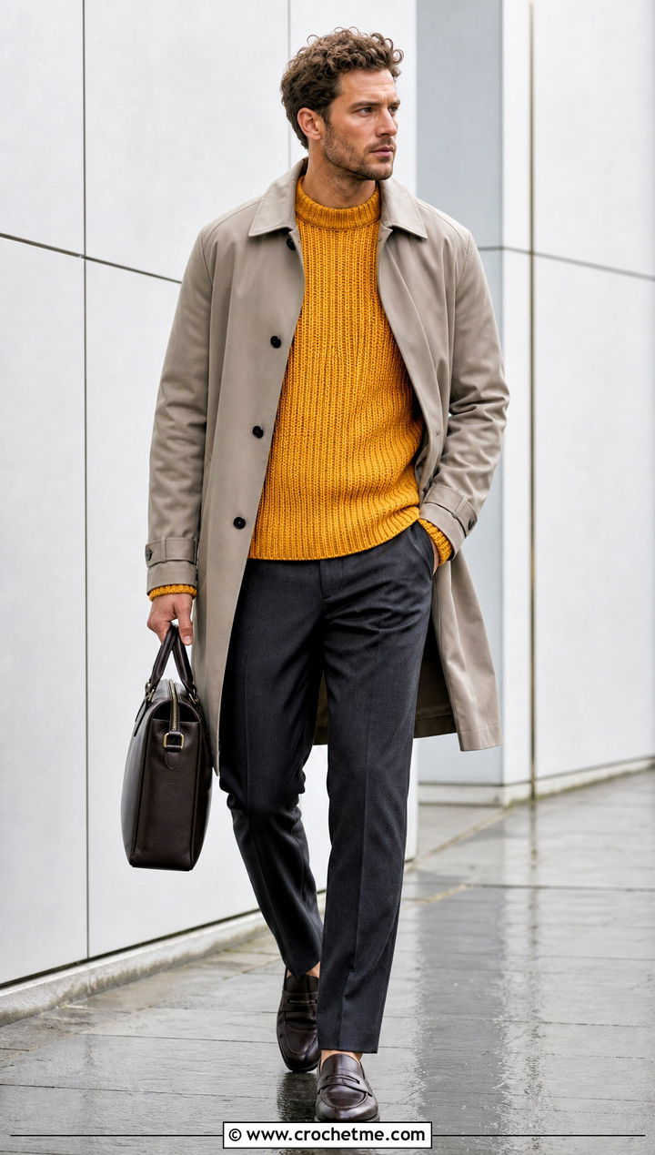Ribbed Crochet Sweater With a Trench Coat - 30 men's crochet sweater outfit ideas