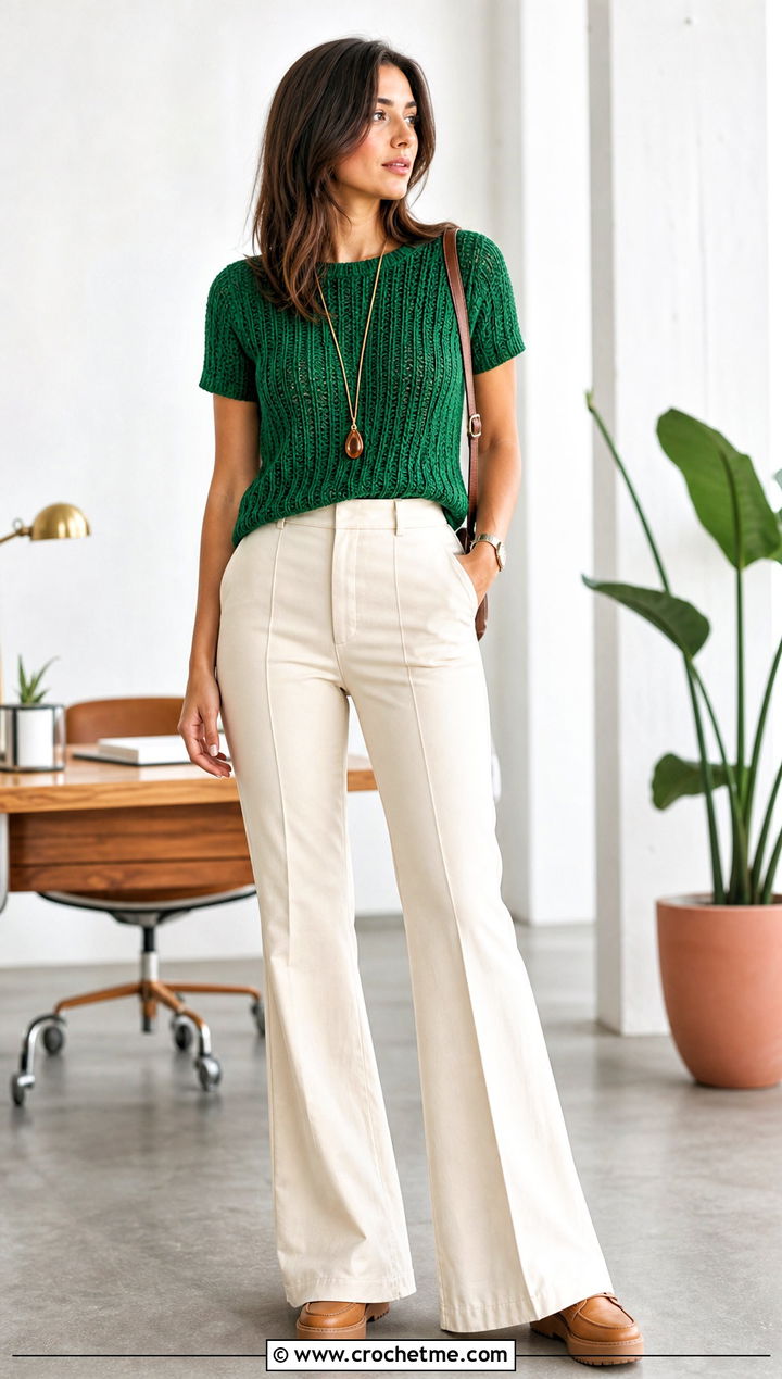Ribbed Crochet T Shirt With Flared Trousers - 30 crochet t shirts outfit ideas