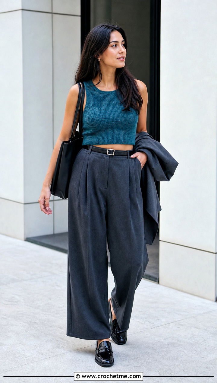 Ribbed Crochet Tank Crop Top With Tailored Trousers - 20 quick crochet crop top outfit ideas