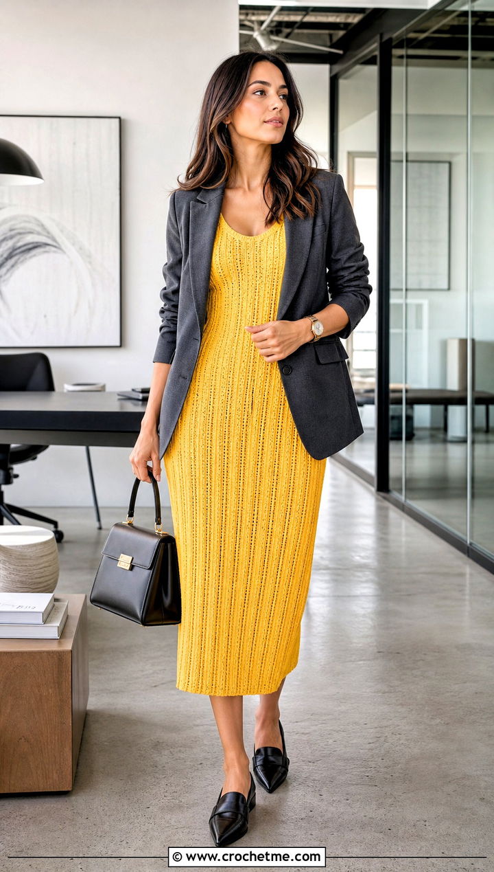 Ribbed Crochet Tank Midi Dress With Tailored Blazer - 25 Crochet Tank Dress outfit ideas