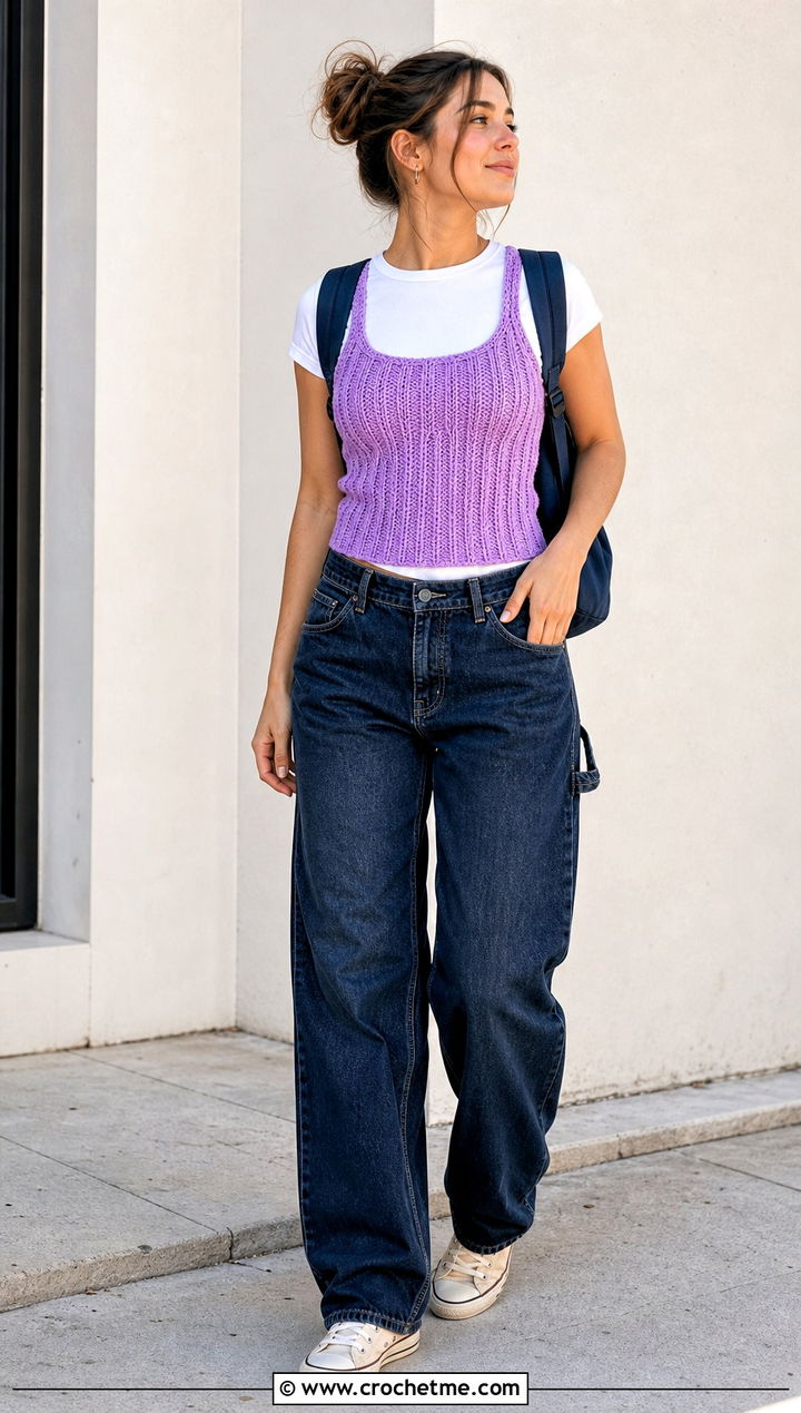 Ribbed Crochet Tank Top With Fitted T Shirt And Carpenter Jeans - 35 crochet layering top outfit ideas