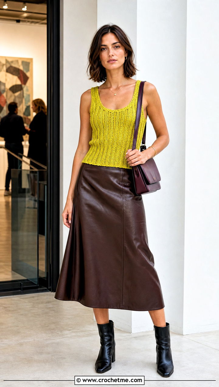 Ribbed Crochet Tank Top With Leather Skirt - 30 crocheted tank tops outfit ideas