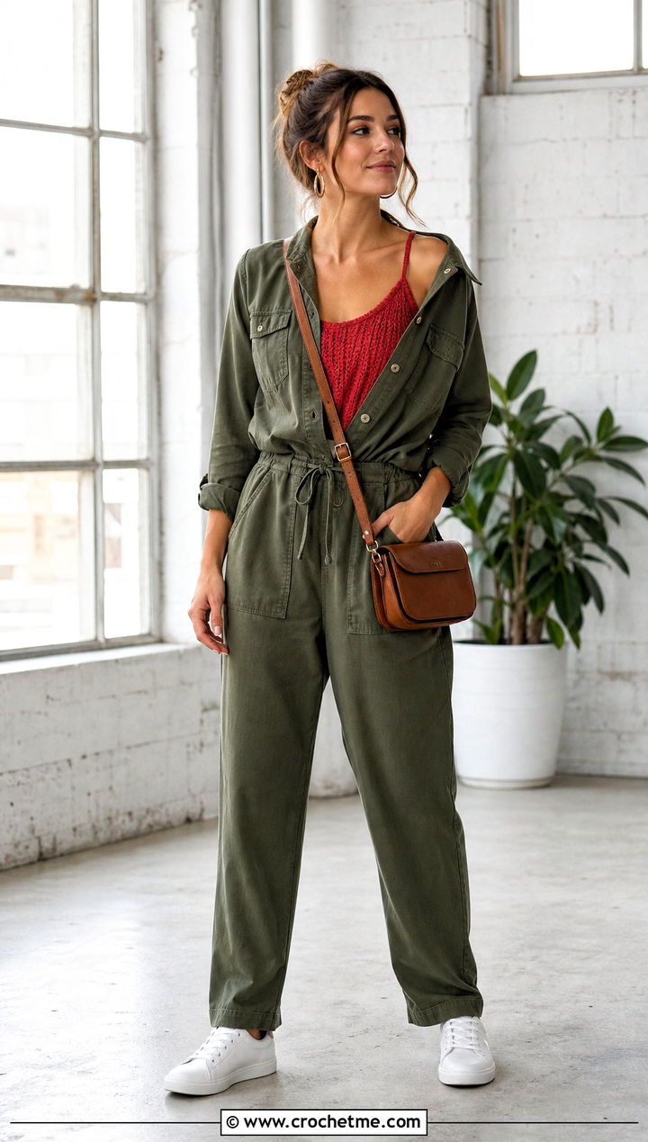 Ribbed Crochet Tank Top With Utility Jumpsuit - 25 Strappy Crochet Top outfit ideas