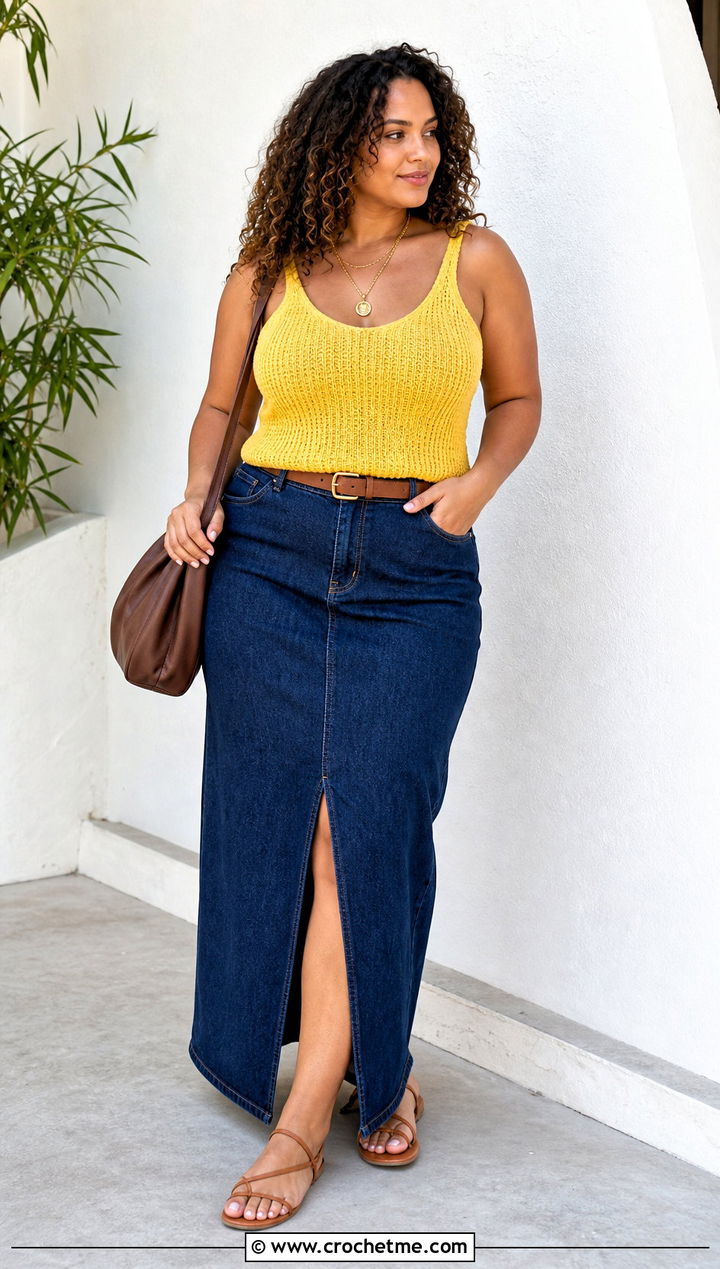 Ribbed Crochet Tank With Denim Maxi Skirt - 15 Crochet Lady Tops outfit ideas