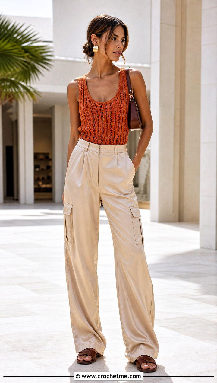 Ribbed Crochet Tank With Satin Cargo Pants - 35 Crocheted Summer Tops outfit ideas