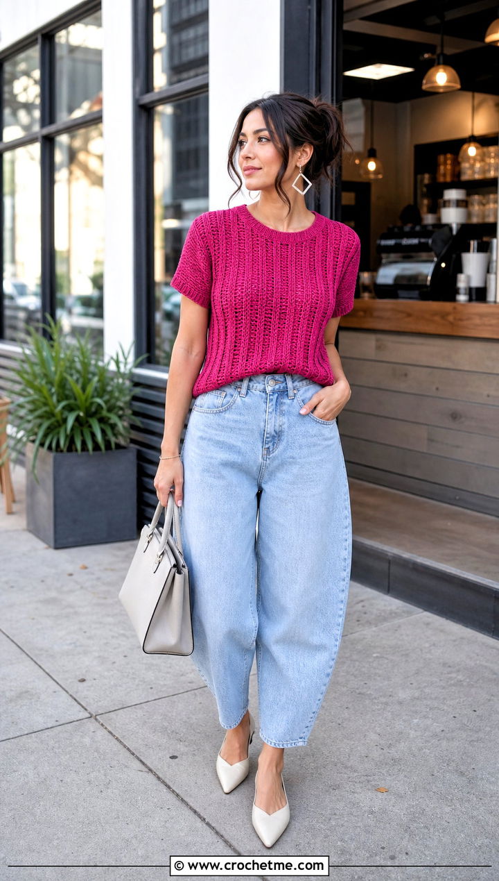 Ribbed Crochet Tee With Barrel Jeans - 35 crochet tee shirt outfit ideas