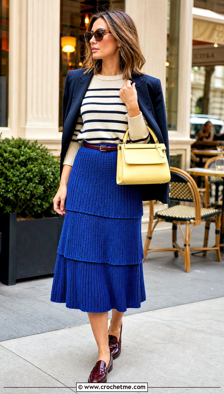 Ribbed Crochet Tiered Midi Skirt With Striped Sweater - 35 crochet tiered skirt outfit ideas