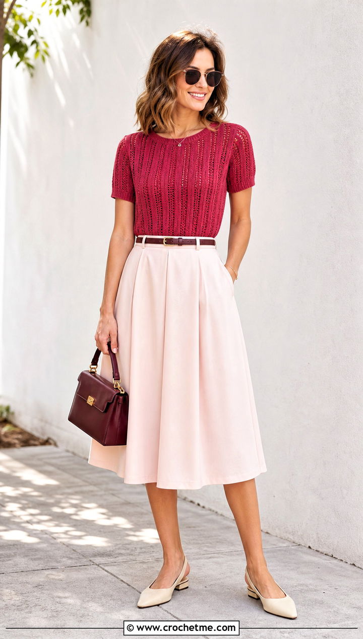 Ribbed Crochet Top With A Line Skirt - 30 crochet short sleeve top outfit ideas