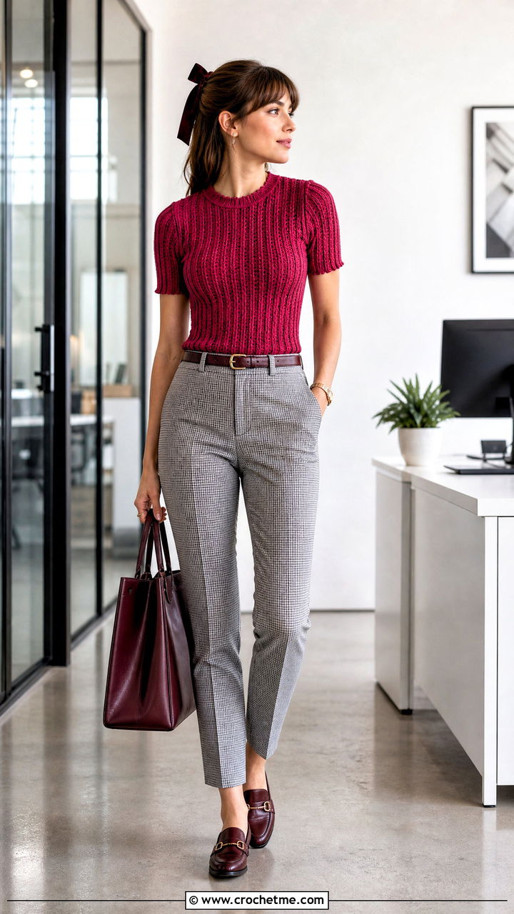 Ribbed Crochet Top With Checked Trousers - 35 coquette crochet top outfit ideas