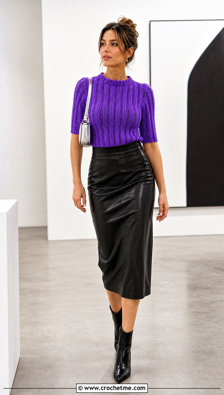 Ribbed Crochet Top With Leather Midi Skirt - 30 crochet fall tops outfit ideas