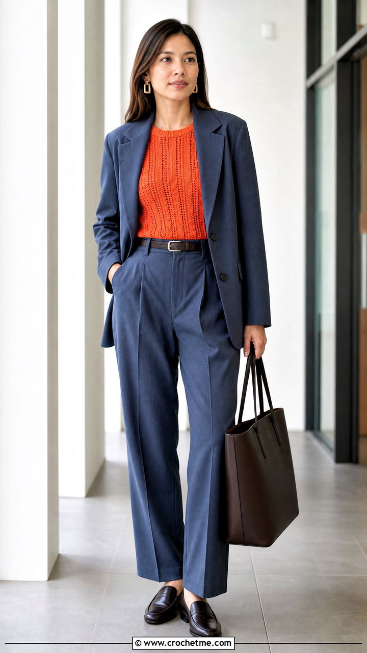 Ribbed Crochet Top With Relaxed Suit - 35 crochet fall top outfit ideas