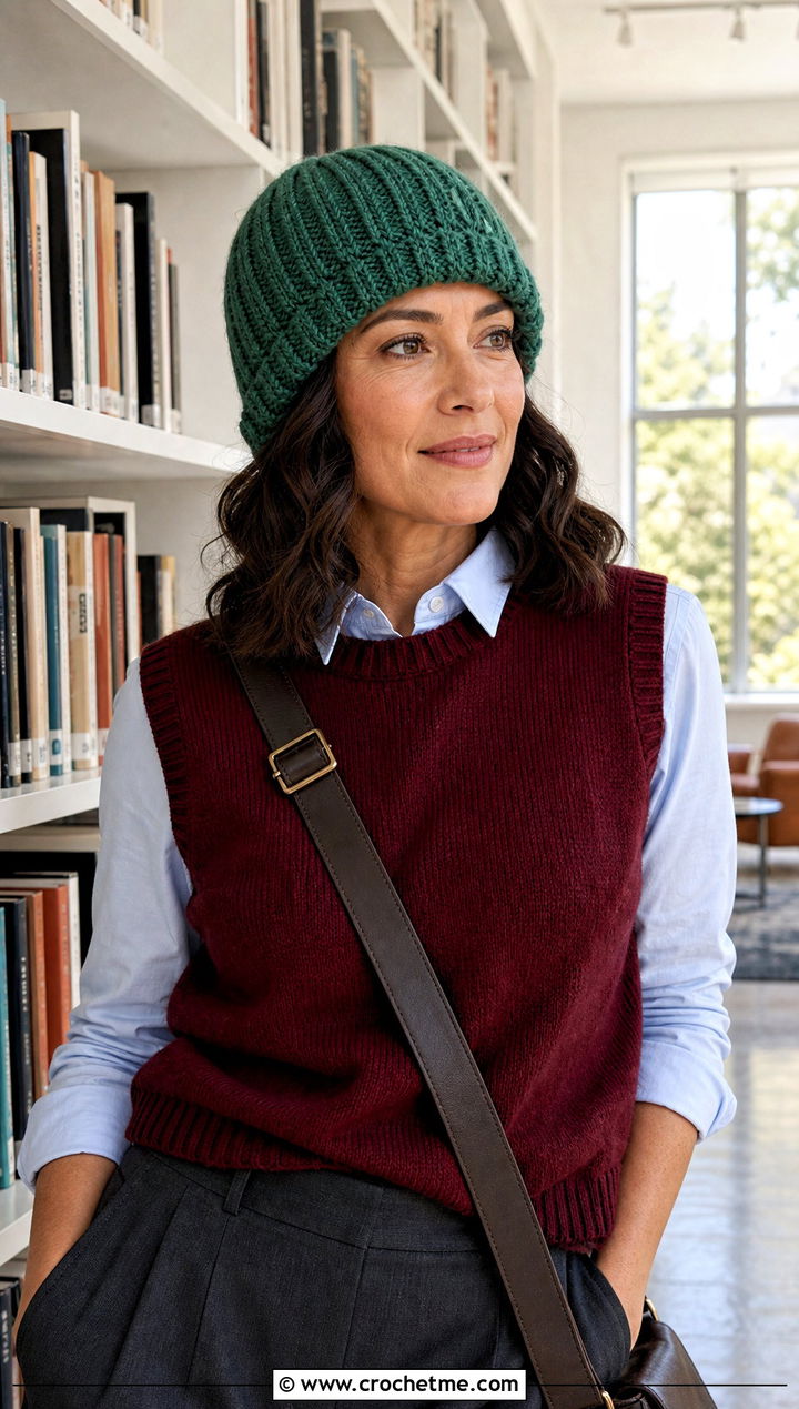 Ribbed Crochet Toque With Sweater Vest And Trousers - 20 Easy Crochet Ribbed Hat outfit ideas