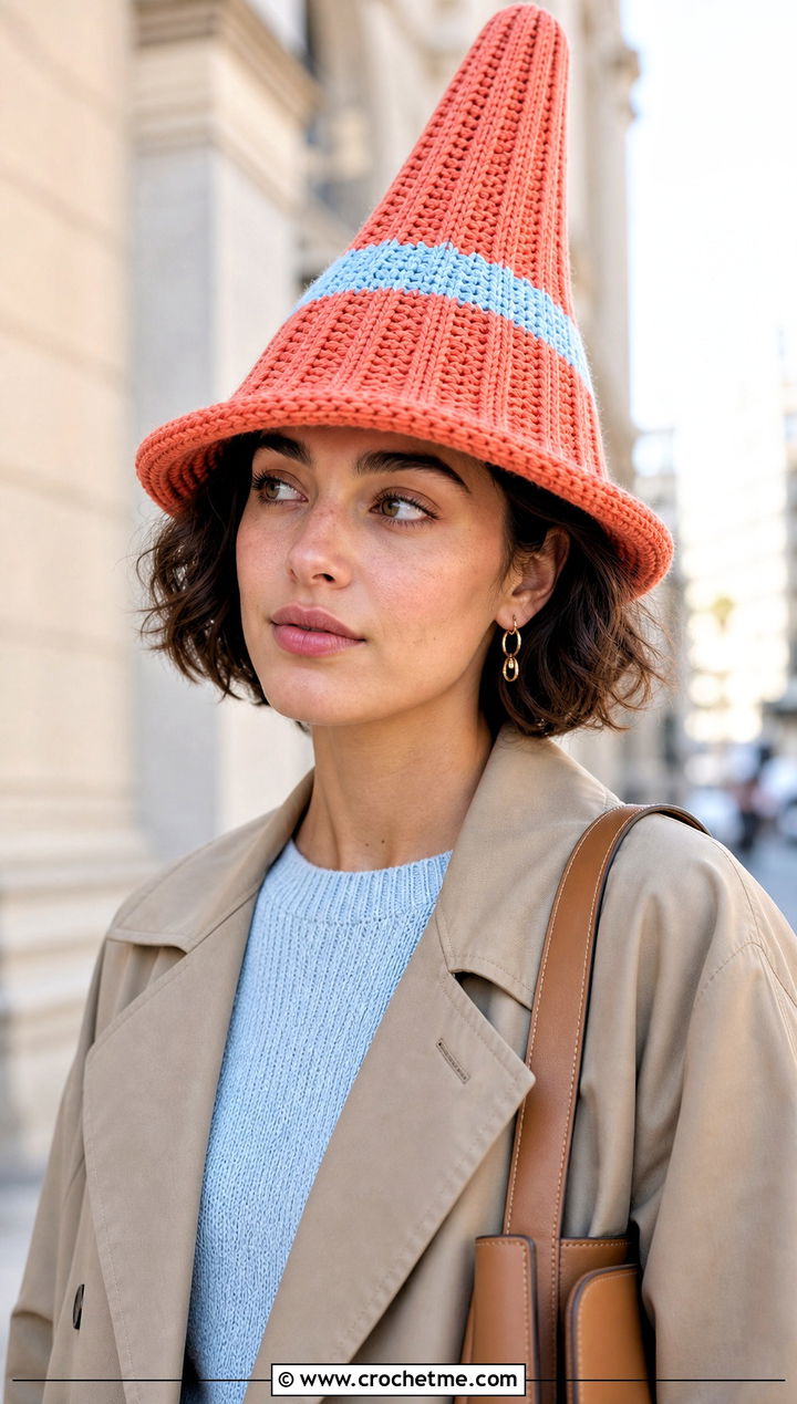 Ribbed Crochet Traffic Cone Hat With Trench Coat - 25 crochet traffic cone hat outfit ideas