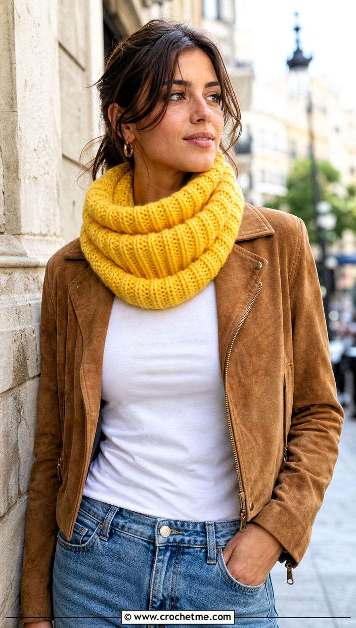Ribbed Crochet Tube Scarf With Straight Leg Jeans - 20 Crochet Tube Scarf outfit ideas