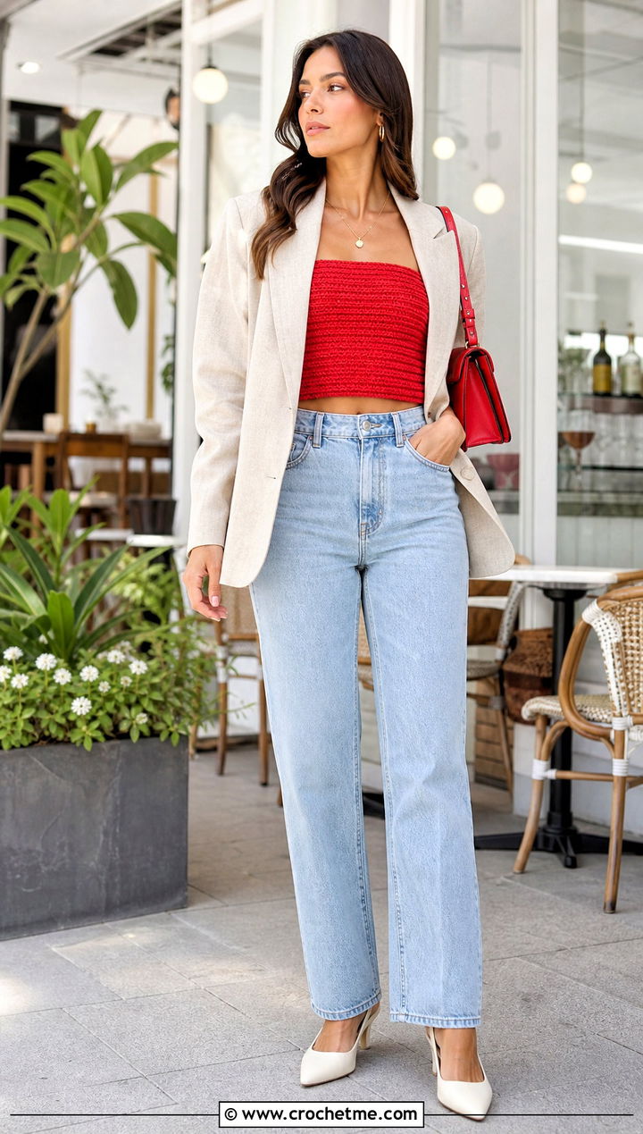 Ribbed Crochet Tube Top With Blazer And Jeans - 20 ribs crochet top outfit ideas
