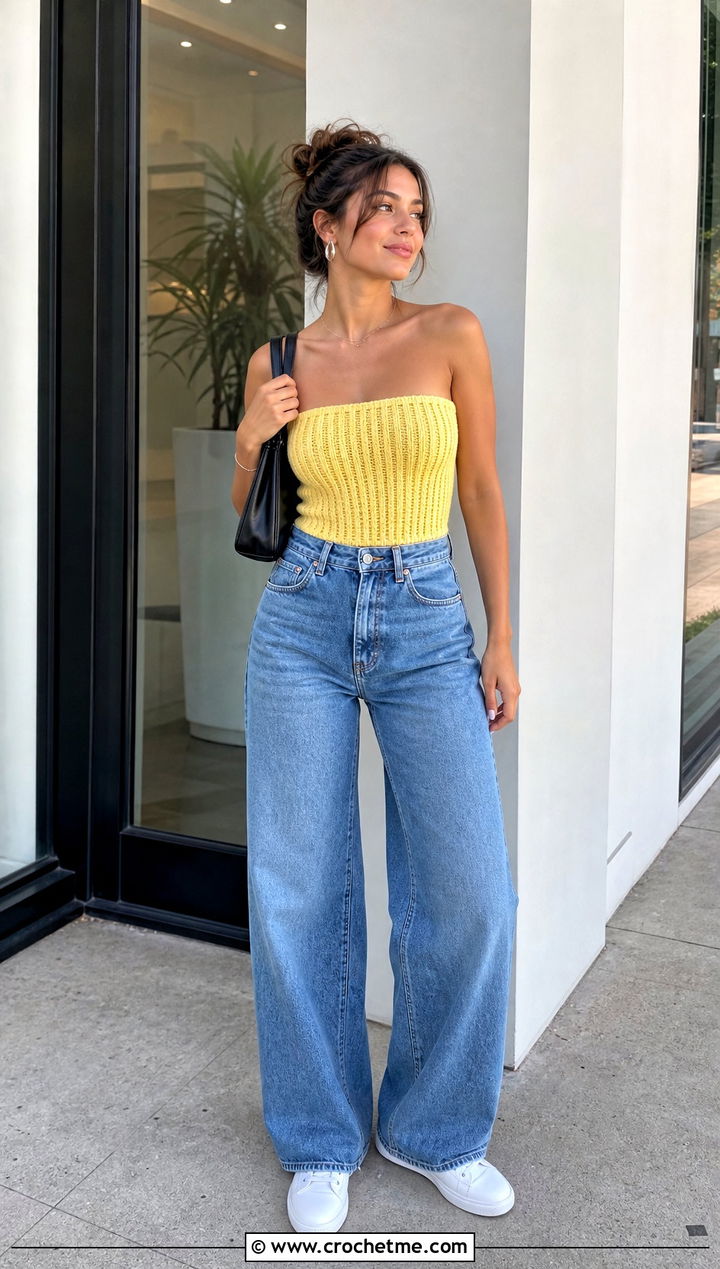 Ribbed Crochet Tube Top With Wide Leg Jeans - 25 Easy Crochet Tube Top outfit ideas