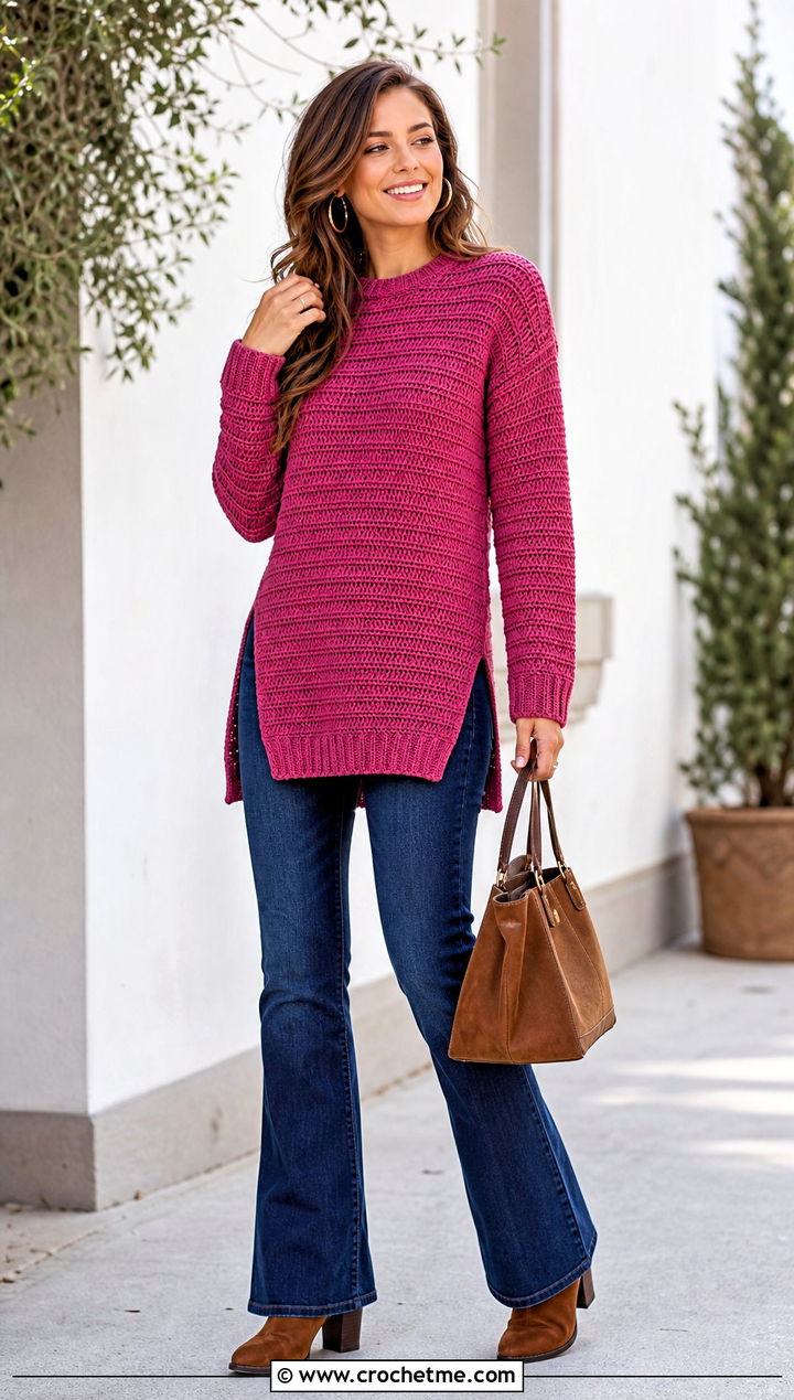 Ribbed Crochet Tunic Sweater With Flared Jeans - 25 Ribbed Crochet Sweater outfit ideas