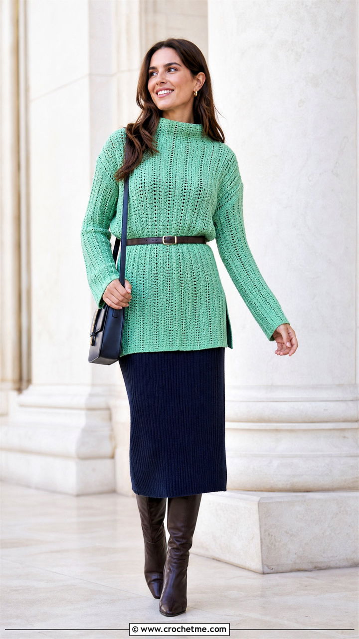 Ribbed Crochet Tunic With Knit Midi Skirt - 35 crochet tunic outfit ideas