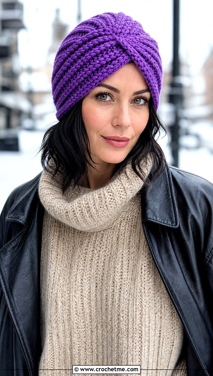 Ribbed Crochet Turban Hat With Sweater And Leather Leggings - 35 crochet turban hat outfit ideas