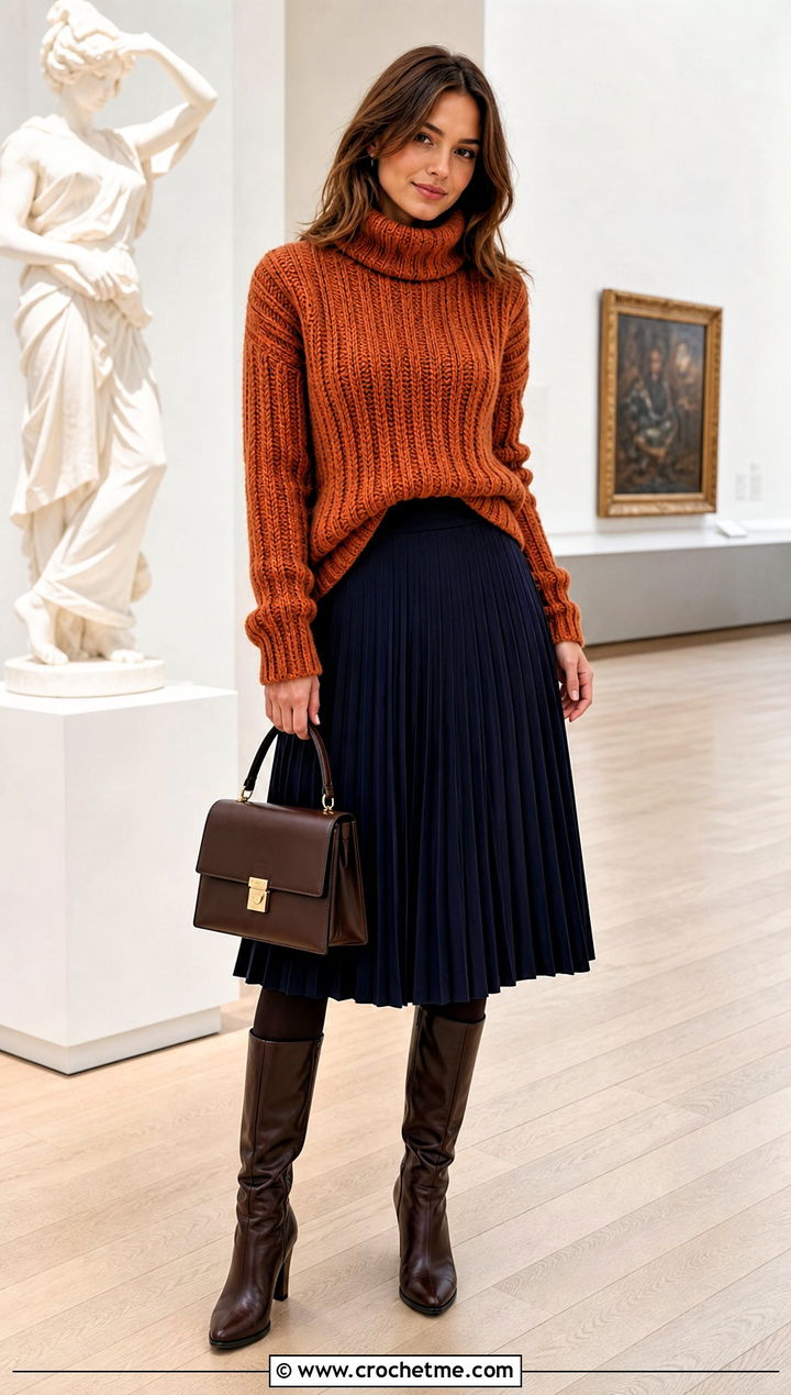 Ribbed Crochet Turtleneck Sweater With Pleated Midi Skirt - 25 Ribbed Crochet Sweater outfit ideas
