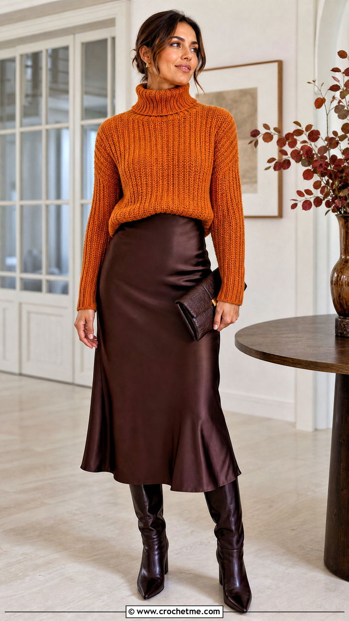 Ribbed Crochet Turtleneck Sweater With Satin Midi Skirt - 35 fall crochet sweater outfit ideas