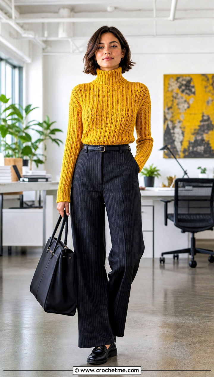 Ribbed Crochet Turtleneck Top With Pinstripe Pants - 30 crochet turtleneck top outfit ideas