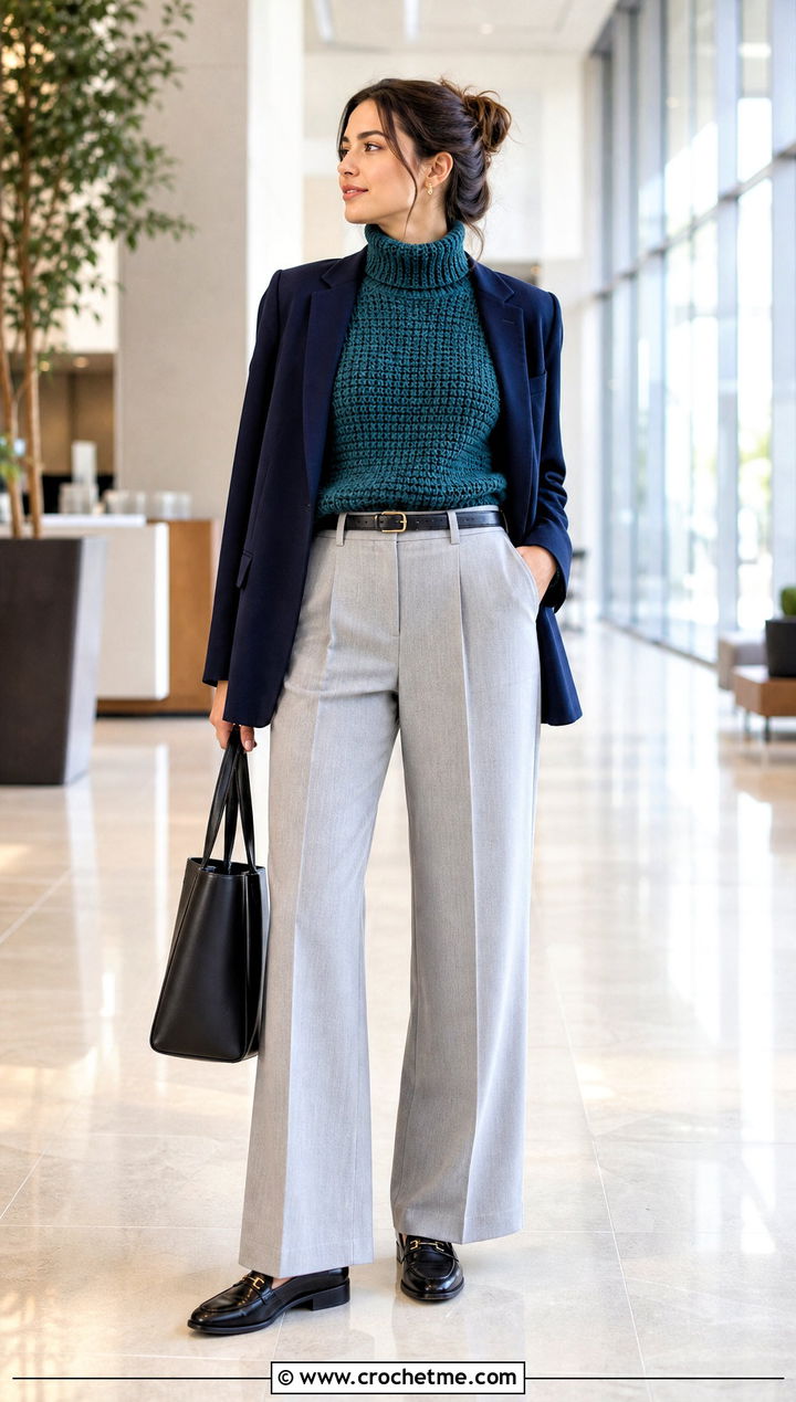Ribbed Crochet Turtleneck With Tailored Trousers - 30 winter crochet clothes ideas
