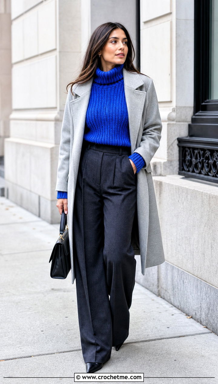 Ribbed Crochet Turtleneck With Wide Leg Trousers - 35 Modest Crochet Outfit Ideas