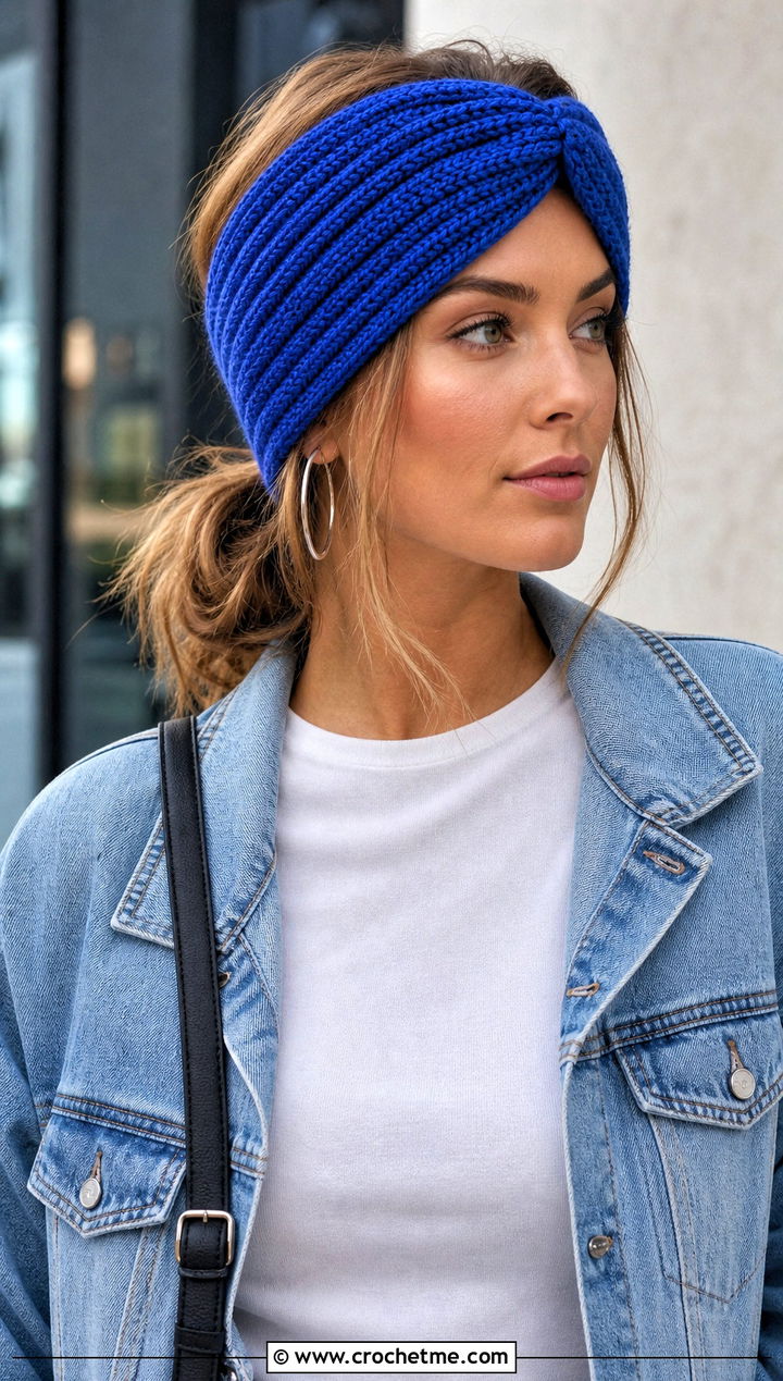 Ribbed Crochet Twist Ear Warmer With Denim Jacket - 25 Crochet Twist Ear Warmer outfit ideas