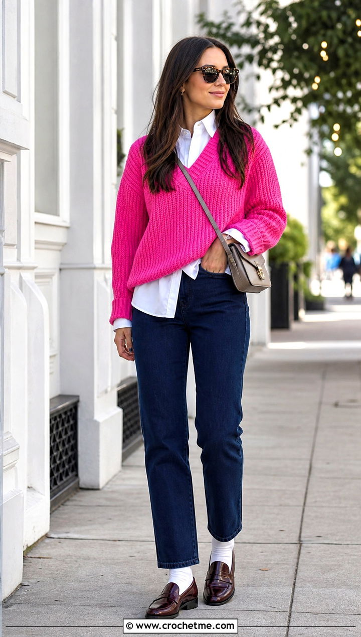 Ribbed Crochet V Neck Sweater With White Shirt And Jeans - 25 Ribbed Crochet Sweater outfit ideas