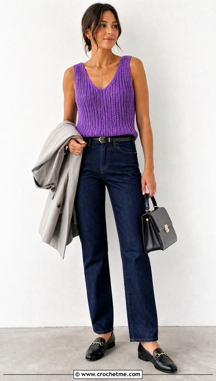 Ribbed Crochet V Neck Tank Top With Straight Leg Jeans - 25 crochet v neck tank top outfit ideas