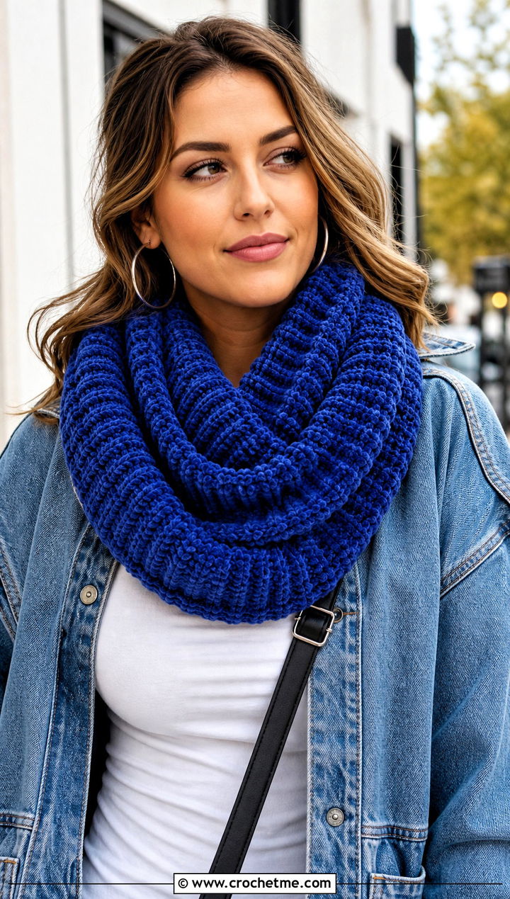 Ribbed Crochet Velvet Infinity Scarf With Denim Jacket - 25 Crochet Velvet Scarf outfit ideas