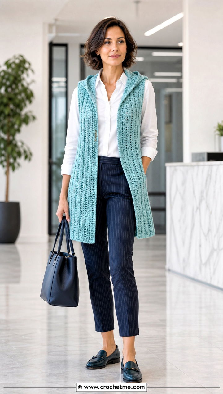 Ribbed Crochet Vest With Hood And Pinstripe Pants - 30 crochet vest with hood outfit ideas