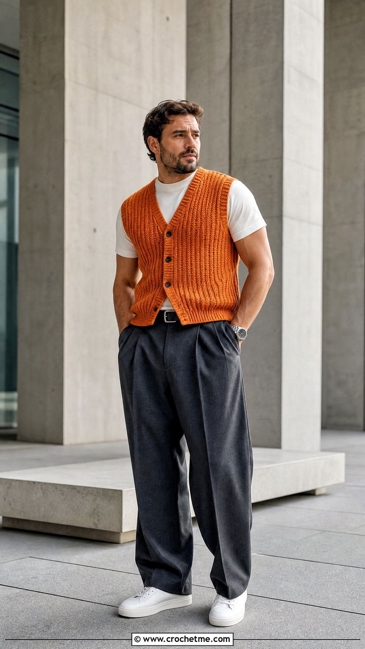 Ribbed Crochet Vest With Pleated Trousers And Sneakers - 35 crochet vest for men outfit ideas