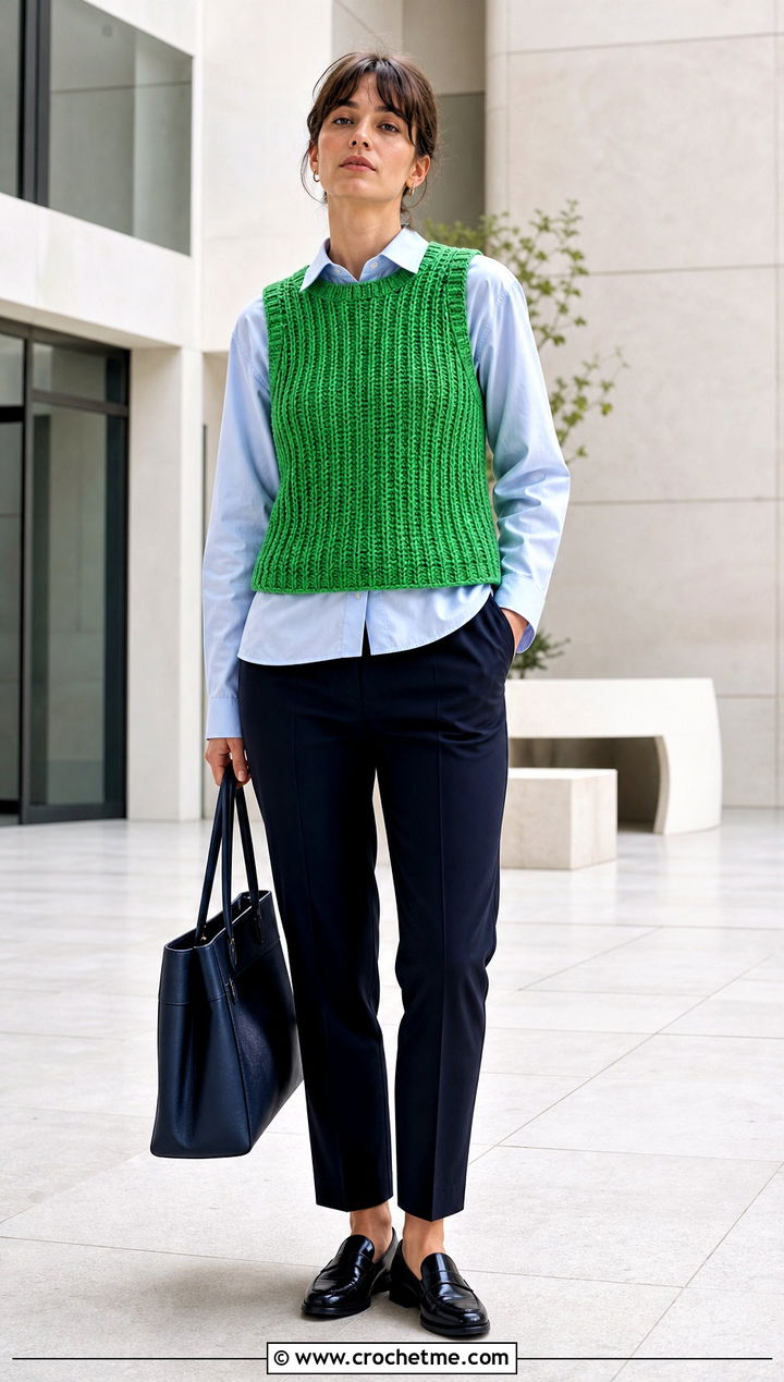 Ribbed Crochet Vest With Poplin Shirt And Trousers - 25 Spring Crochet Tops outfit ideas