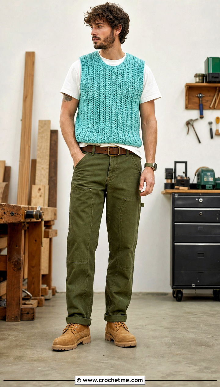 Ribbed Crochet Vest With Workwear Pants - 30 men's crochet vest outfit ideas