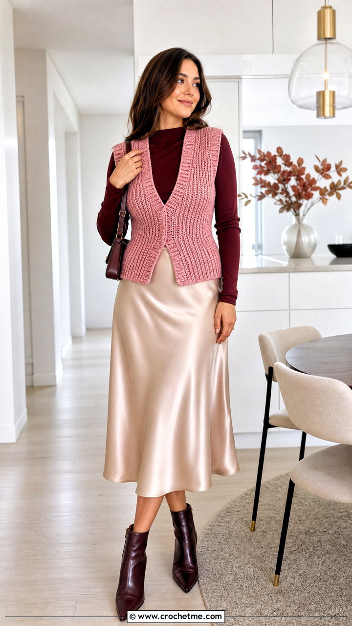 Ribbed Crochet Vest With a Satin Midi Skirt - 35 fall crochet clothes and outfit ideas