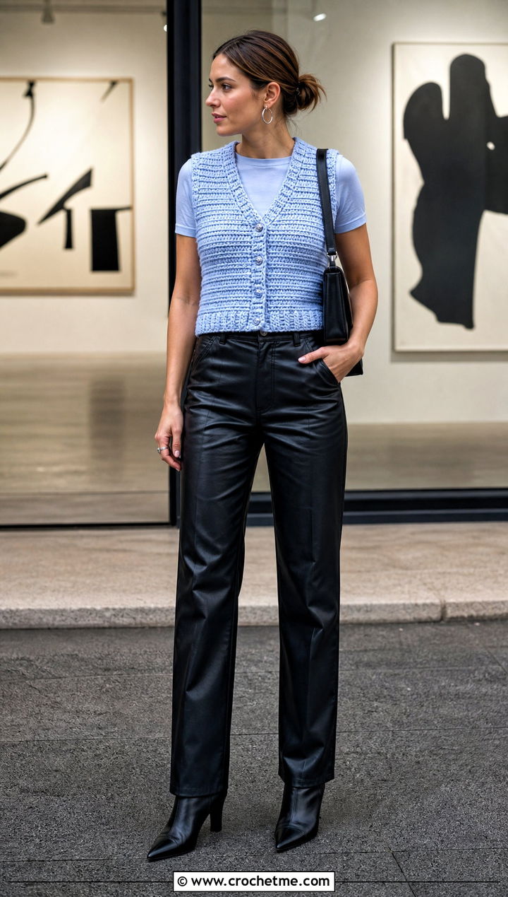 Ribbed Crochet Waistcoat With Leather Pants - 15 easy crochet waistcoat outfit ideas