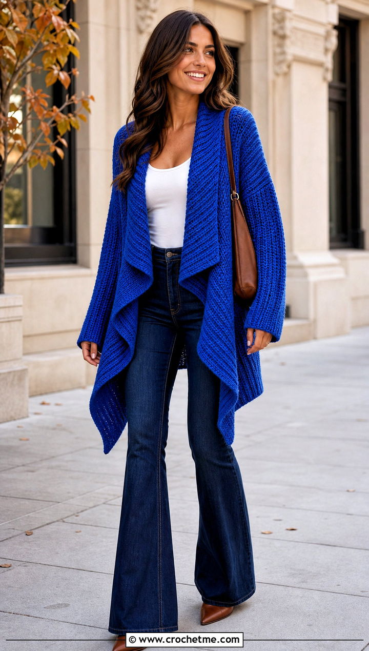 Ribbed Crochet Waterfall Cardigan With Flared Jeans - 25 crochet waterfall cardigan outfit ideas