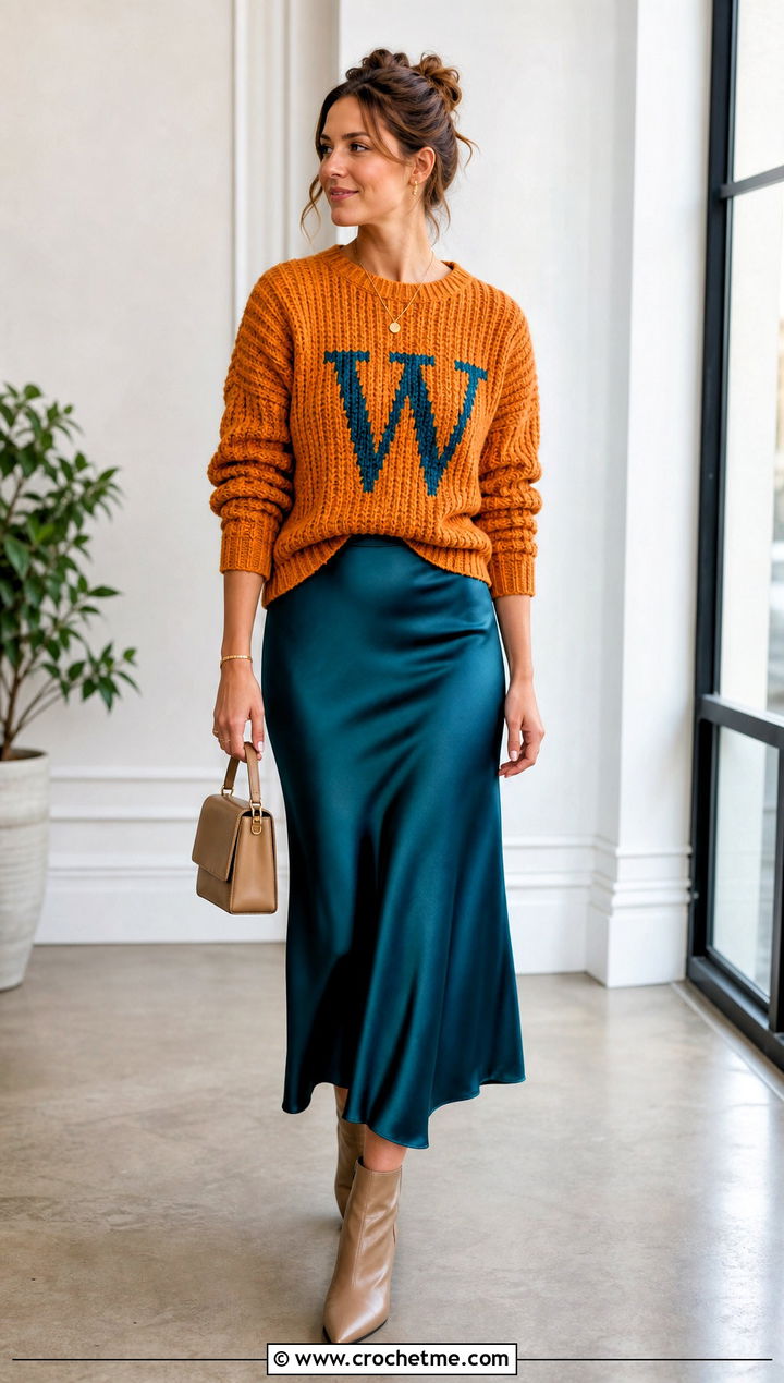 Ribbed Crochet Weasley Sweater With Satin Slip Skirt - 35 crochet weasley sweater outfit ideas