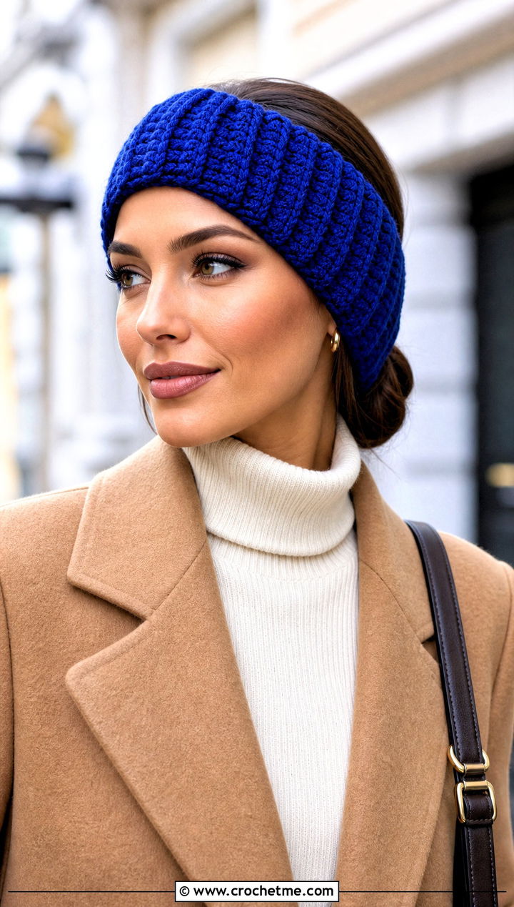 Ribbed Crochet Winter Headband With Wool Coat - 15 crochet winter head band outfit ideas