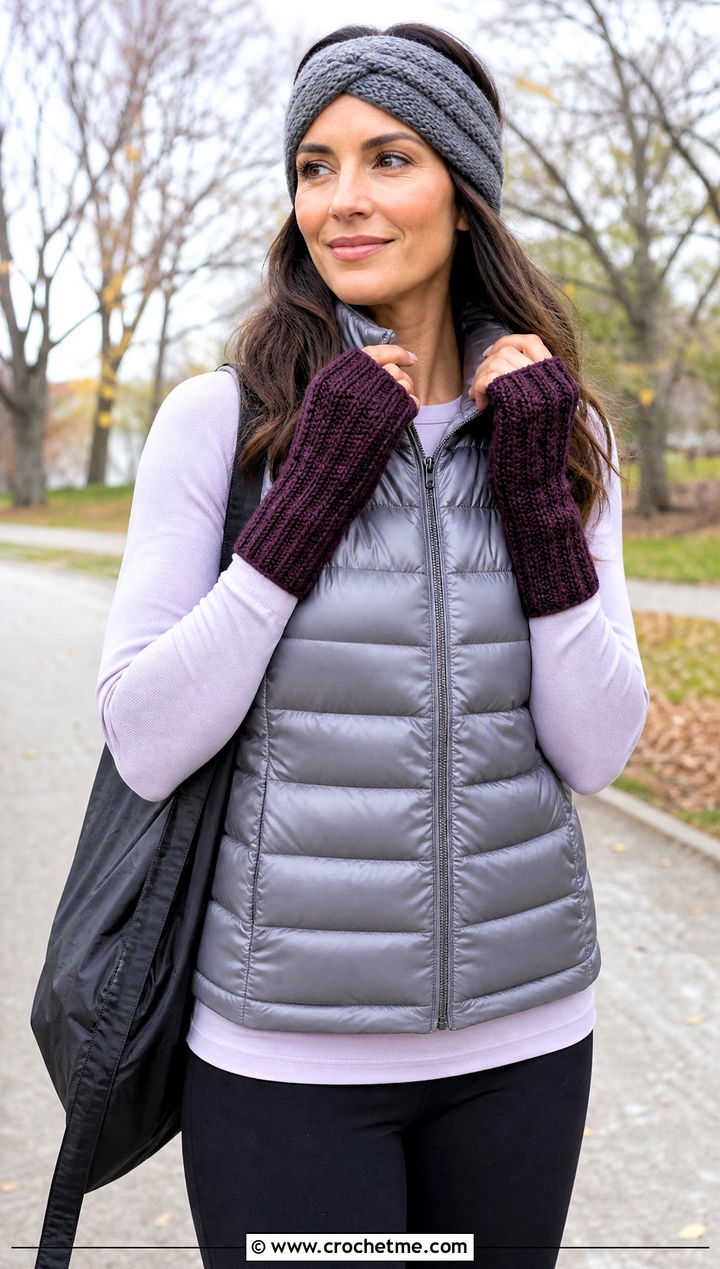 Ribbed Crochet Wrist Warmers With A Puffer Vest - 25 Vintage Crochet Gloves outfit ideas